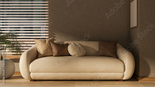 Fototapeta Naklejka Na Ścianę i Meble -  Leather sofa and stone pot plant on wooden parquet floor with light through window blind in dim room