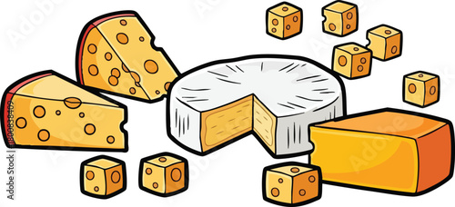 Assortment of Yellow Cheeses With Holes And White Rind Cheese Cubes Scattered Around On White Background