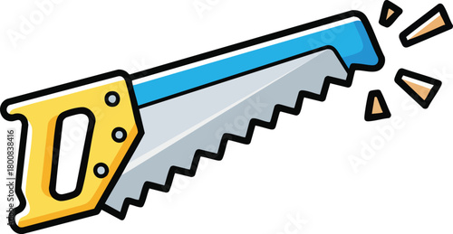Close up of a blue and yellow handsaw with sharp teeth on a white background