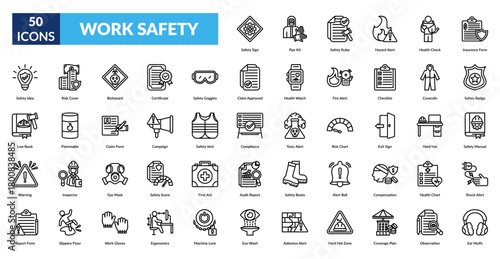 Work Safety Line Icon Set. Safety Sign, Ppe Kit, Safety Rules, Hazard Alert, Health Check, Insurance Form, Safety Badge