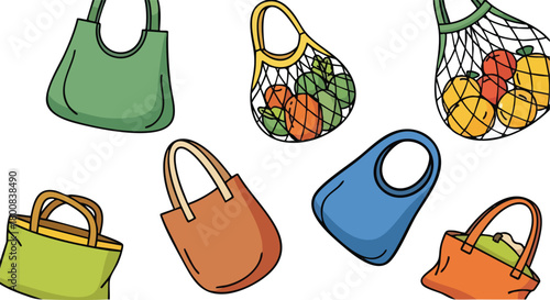 Assorted Reusable Shopping Bags and Produce Bags Filled with Fresh Fruits and Vegetables