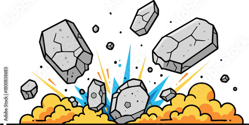 Pixel Art Explosion With Rocks and Debris Against White Background