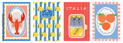 A minimalist poster featuring Italian food and coastal life. Illustrations include sardines, lemon, oranges, and lobster. A hand-drawn Italian lifestyle.