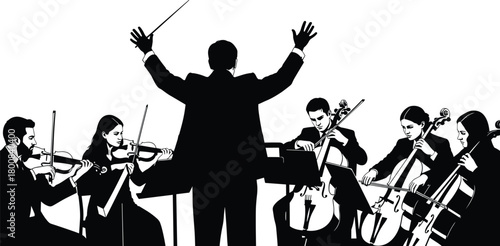 Orchestra conductor leading musicians with string instruments, classical music performance silhouette vector, teamwork, harmony, and concert illustration for art and culture design.