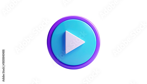 Free Download 3D vibrant play button. Cyan circle with lavender outline. White triangle points right. Isolated on black background - GFXLoad