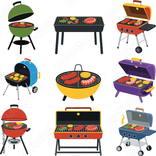 Barbecue grill cartoon illustration set, colorful outdoor cooking vector icons, kettle and gas grills with food, summer BBQ design,
