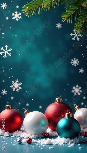 Festive winter scene with snowflakes & ornaments , holiday season, background