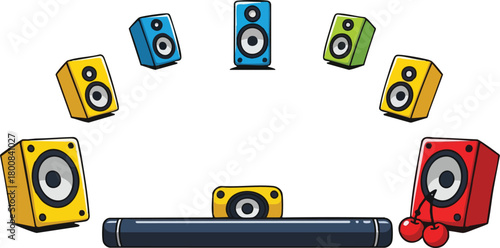 Pixel Art Speakers Array With Subwoofer And Cherries On White Background