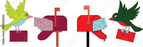Birds delivering mail to colorful mailboxes, cartoon postal service illustration, whimsical communication concept, envelope and mailbox clipart, cute delivery artwork, nature message design