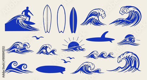 Blue vintage surfing and ocean vector collection: powerful breaking waves, surfer silhouette, different surfboard shapes, sunset over the sea, and nautical elements set.