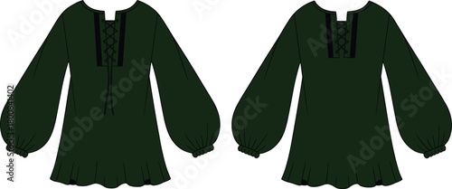 Front and back view of dark green lace-up blouse with flared scalloped hem, voluminous sleeves, gathered cuffs, fashion sketch, garment design vector illustration