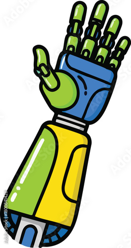 Colorful Robotic Arm Extended High With Green Fingers Blue Joint And Yellow Body Detail White Background