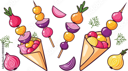 Pixel Art Grilled Vegetable Skewers With Onions And Herbs On White Background