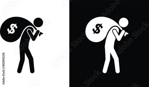 Person carrying money bag icon, black and white vector illustration representing financial burden, wealth, debt, savings, economy, and business concept design symbol