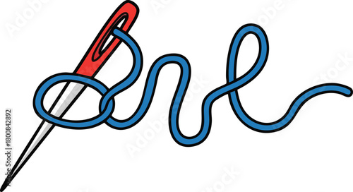 Red Eye Needle With Blue Thread Creating Abstract Pattern On White Background Simple Illustration