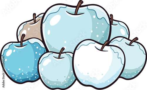 Group of pixelated apples with icy coating on white background