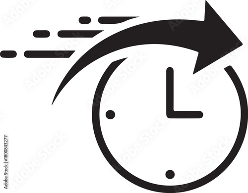 Quick turnaround time icon showing clock and dynamic fast moving arrow representing speed efficiency or rapid service delivery performance metric.