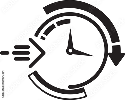 Fast time processing icon showing clock face with quick motion arrows symbolizing rapid service or delivery efficiency concept illustration.