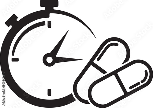 Medical treatment timing icon featuring stopwatch and pharmaceutical capsules illustrating correct dosing schedule and rapid medication delivery.