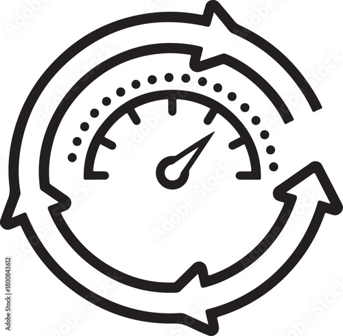 Continuous improvement cycle showing high performance speed measurement on circular gauge indicator for efficient process optimization workflow icon