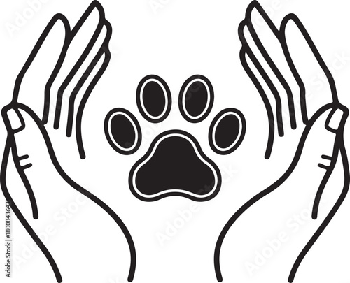 Compassionate hands holding paw print symbolizing animal care and adoption assistance safe environment support for beloved pets welfare icon design