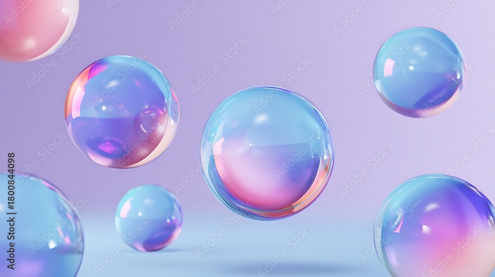 Obraz premium Iridescent bubbles floating in a dreamy purple and blue gradient background