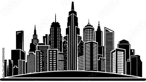 Black Silhouette of a Modern City Skyline or Downtown Buildings Vector Icon