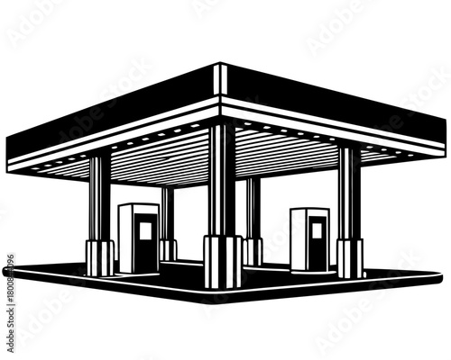 Black Silhouette of a Modern Gas Station or Fuel Refueling Building Vector Icon