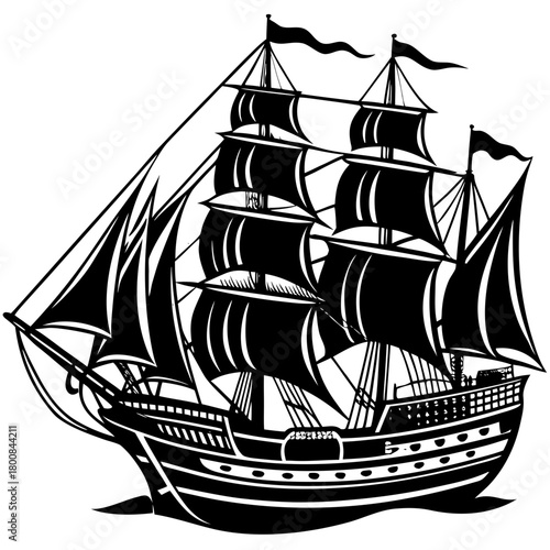Black Silhouette of a Sailing Ship, Galleon, or Clipper with Sails Vector Icon