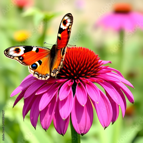 Peacock butterfly (Inachis io) on a purple coneflower (Echinacea purpurea) blossom.