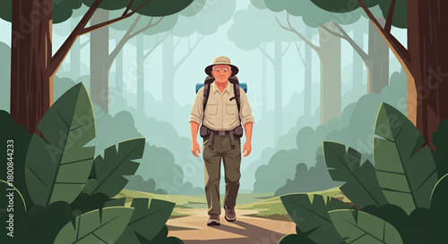 Inspiring senior hiker exploring lush forest trail, embracing nature's tranquility and promoting active retirement lifestyles today