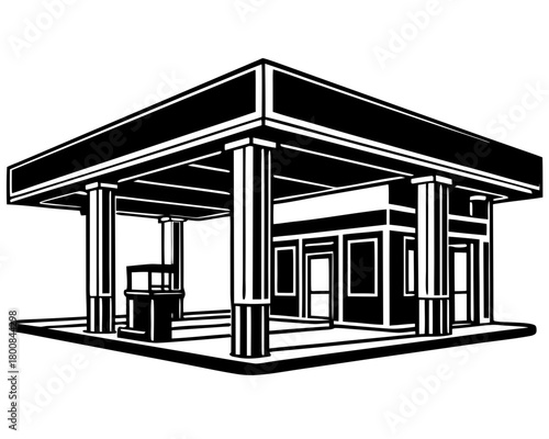 Black Silhouette of a Modern Gas Station or Fuel Refueling Building Vector Icon