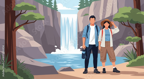 Adventurous couple exploring a stunning waterfall landscape, enjoying nature together on an active outdoor hiking trip, promoting healthy lifestyle