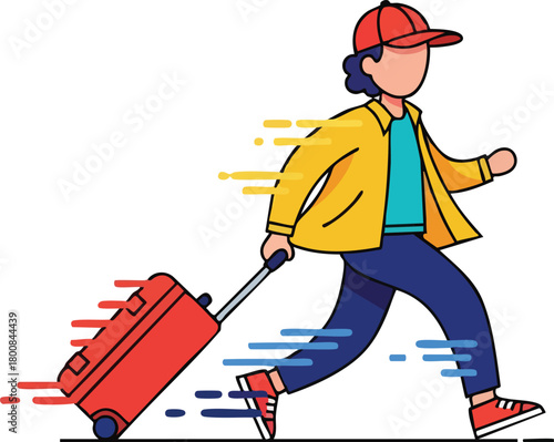 Person with Red Suitcase Walking Quickly in Yellow Jacket and Red Cap with Motion Blur Effect