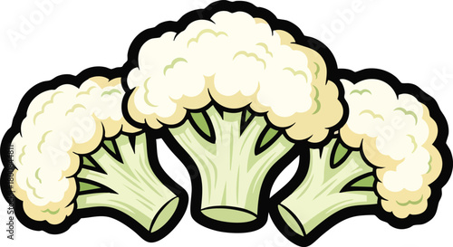Three White Cauliflower Florets With Green Stems And Black Outline On White Background