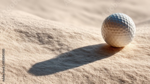 Fototapeta Naklejka Na Ścianę i Meble -  A golf ball on a sandy surface with a shadow cast by the ball.