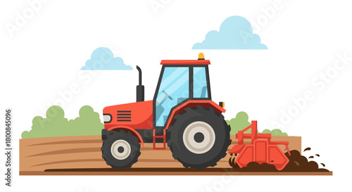 Red Tractor Plowing a Field Agricultural Work and Farming Concepts Illustration