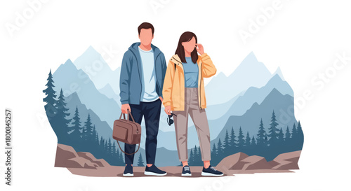 Couple embracing outdoor adventure with mountain vista, perfect for travel blog or active lifestyle brand promotion, showcasing nature's tranquility