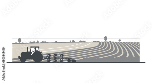 Agricultural Tractor Tilling a Large Field with Curved Rows under a Plain Sky