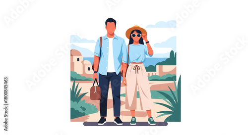Stylish couple exploring vibrant European coastal town with classic architecture, ready for summer vacation adventures and unforgettable memories