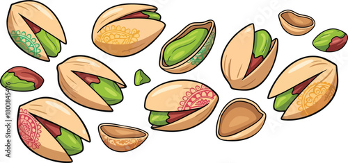 Pixel Art Pistachios Scattered On White Background Healthy Snack Food