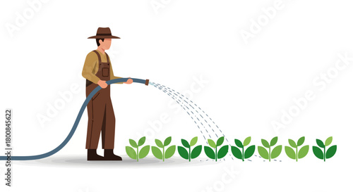 Farmer Watering Plants with Hose in Garden Sustainable Agriculture Concept