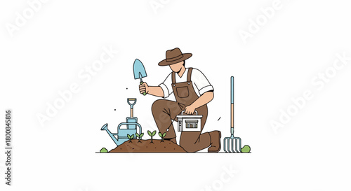 Gardener Planting Seedlings in Soil with Watering Can and Tools Growing Plants Organic Farming and Agriculture Concept Modern Flat Vector Illustration