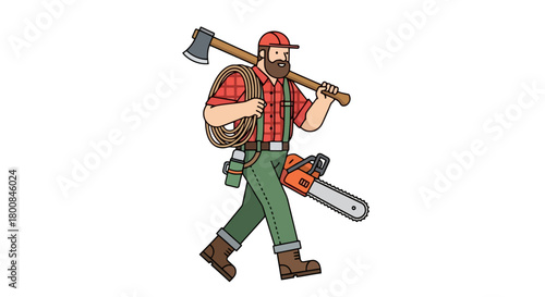 Cartoon Lumberjack Walking With Axe Chainsaw and Wood Bundle Illustration for Forest Industry