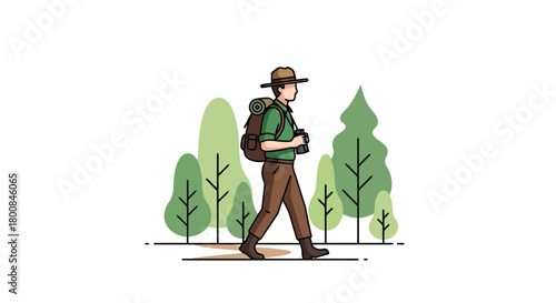 Illustration of a park ranger or hiker with a backpack walking in a forest outdoor adventure nature exploration and wilderness conservation concept