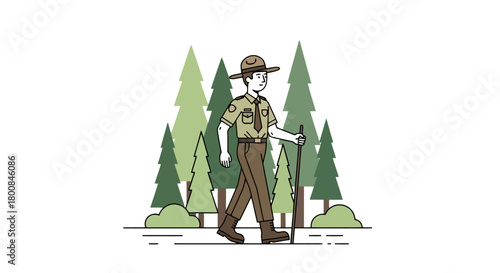 Park Ranger Walking Through Pine Forest Nature Conservation and Outdoor Adventure Illustration