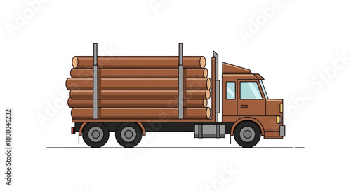 Flat Vector Illustration of a Logging Truck Transporting a Large Load of Timber Logs with a White Background