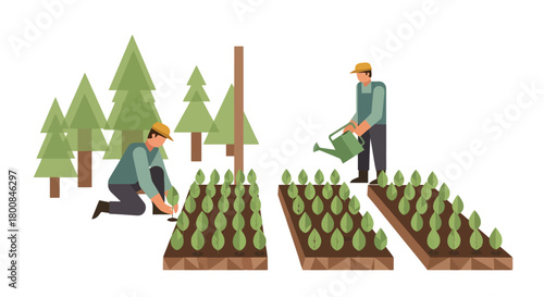 Illustration of farmers tending to a lush garden cultivating growth and sustainability