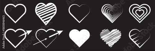 Hand drawn linear hearts set. Various brush, chalk, marker, ink drawn heart shapes. Artistic lines, outlines. Valentine's day uneven, textured edge doodle templates.