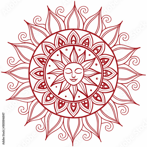 Red sun face mandala isolated on, spiritual and peaceful
